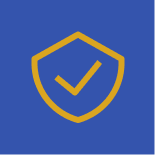 Yellow shield with a check mark on a blue background.