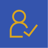 Yellow outline of a person with a checkmark on a blue background.