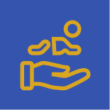 Yellow outline of a hand supporting a floating person-like figure with squiggly lines on a blue background.